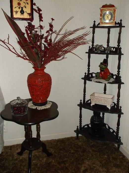 Corner etagere and small scalloped table