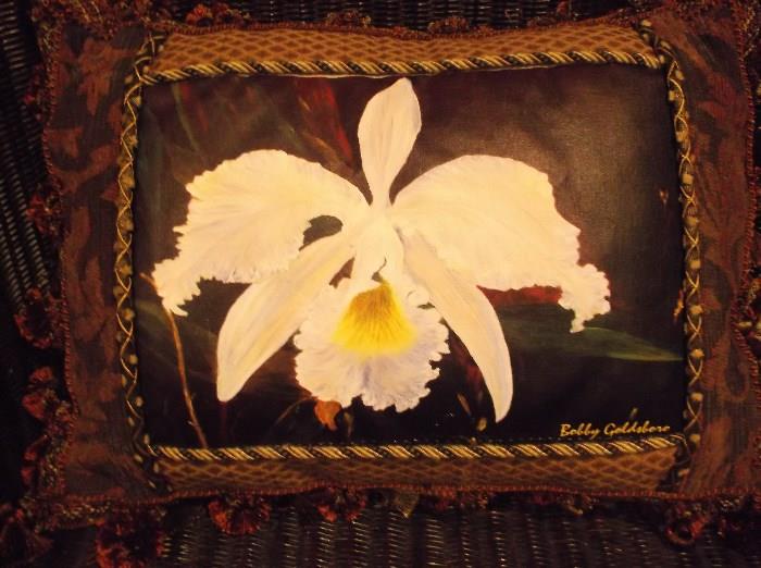 White orchid hand painted on canvas pillow signed