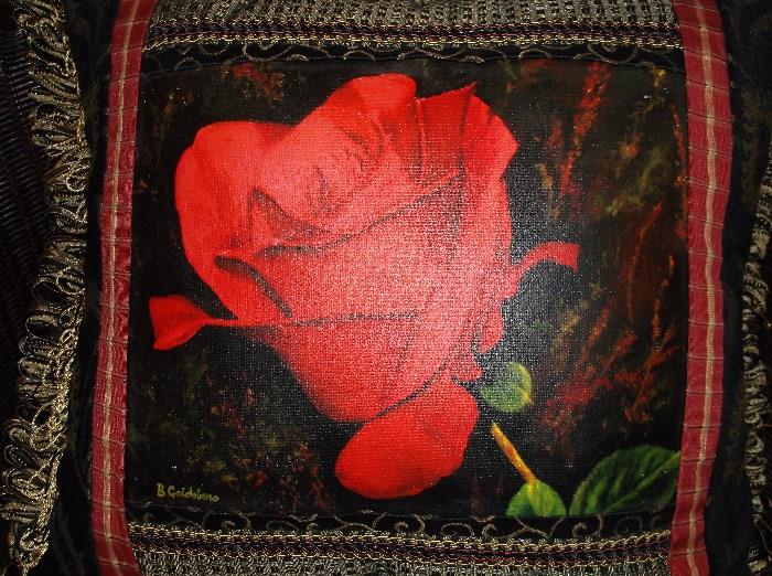Red rose signed hand painted on canvas pillow 