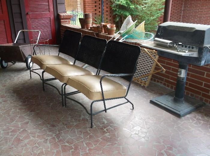 Grill and three wrought iron chairs plus assorted outdoor items