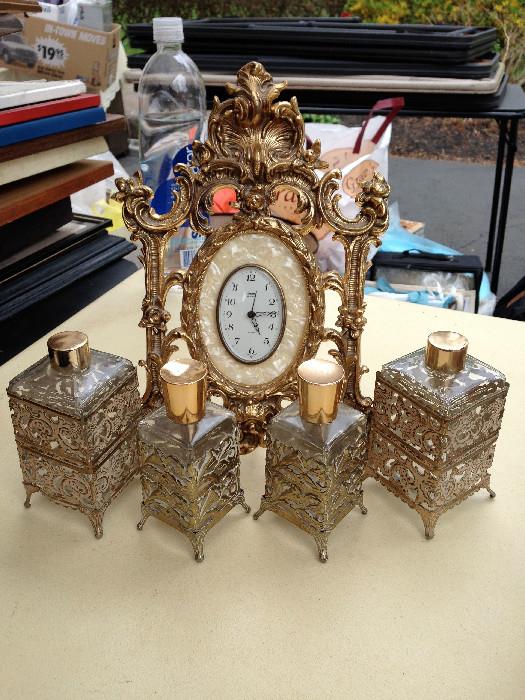 Wonderful Gilded Clock and Lotion Bottles