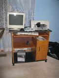 computer desk, assorted computer parts