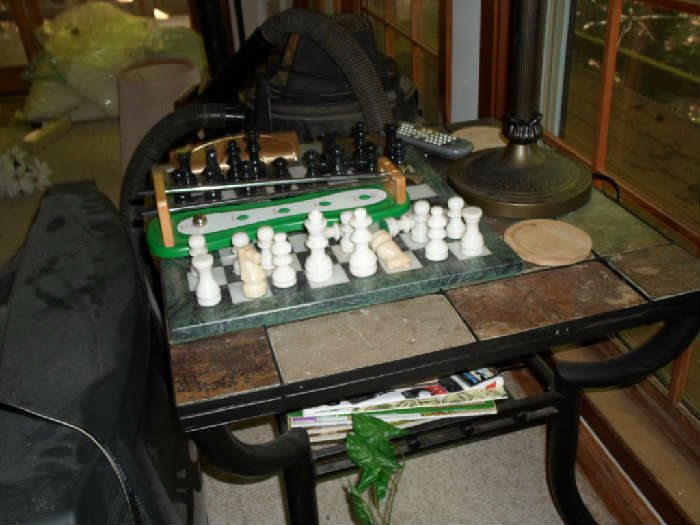 chess set & wrought iron table w/tile top