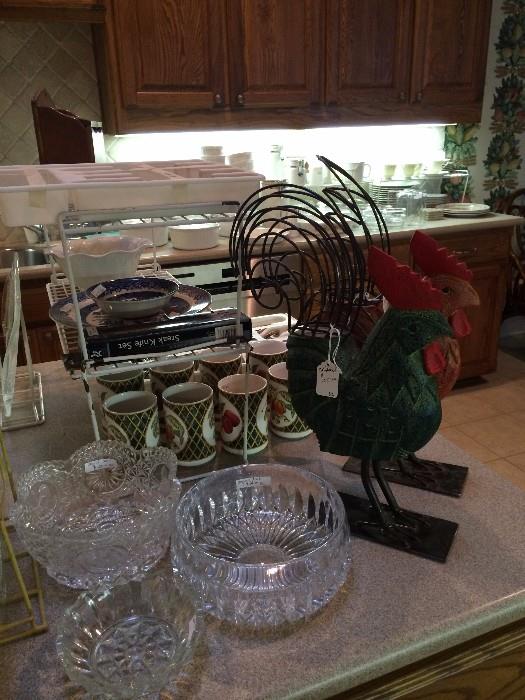 Lovely serving bowls; roosters; fruit mugs