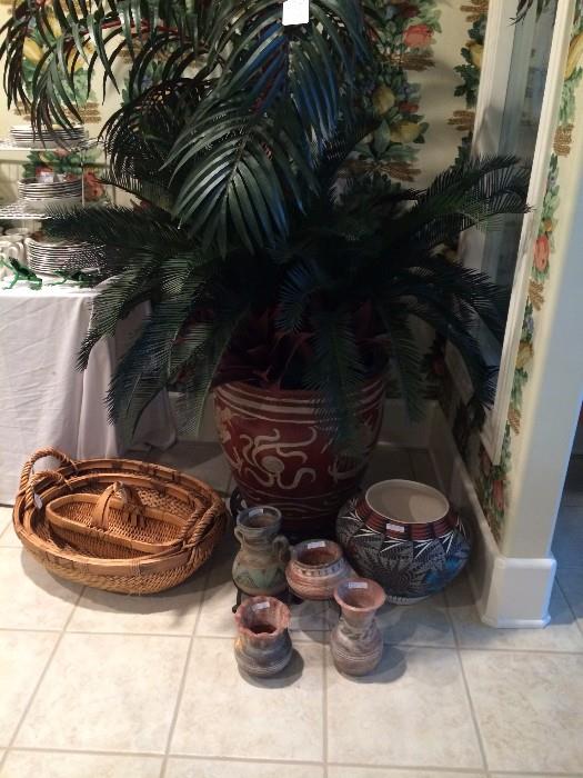 Large artificial plant; baskets; Mexican pottery
