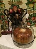 Bundt cake candle; cake plate/dome; metal urn & fruit