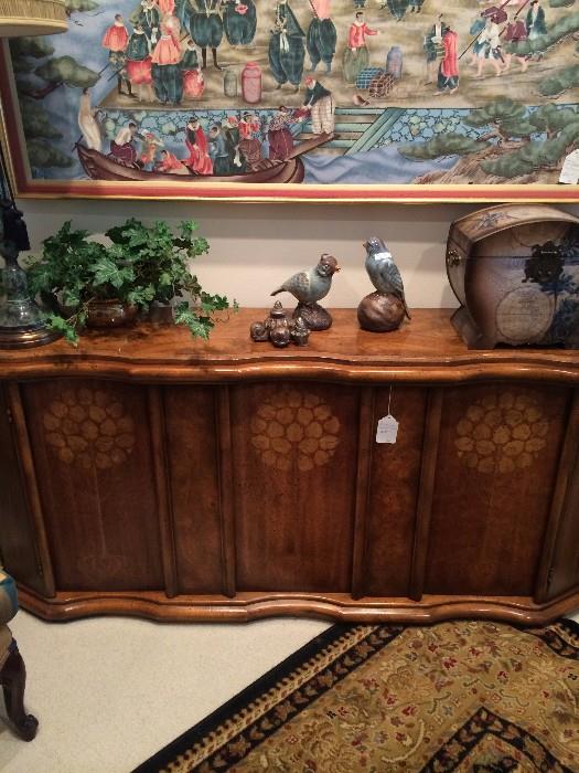 Lovely credenza with inlaid wood; Asian framed art; great accessorizing lamp, birds, & box