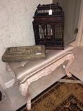    Elaborate vanity bench; decorative box & bird cage