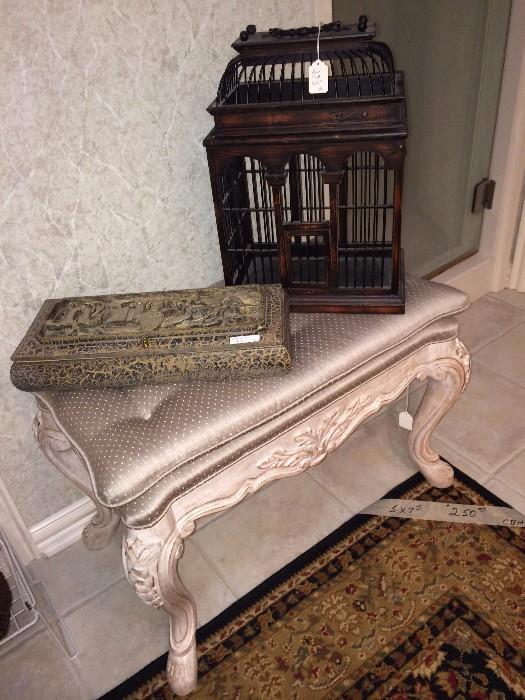 Elaborate vanity bench; decorative box & bird cage