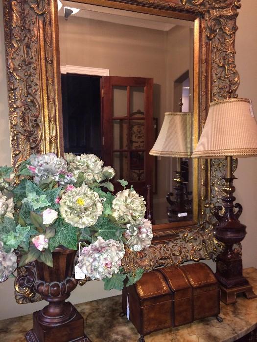 One of several beautiful mirrors, arrangements, decorative boxes, & lamps