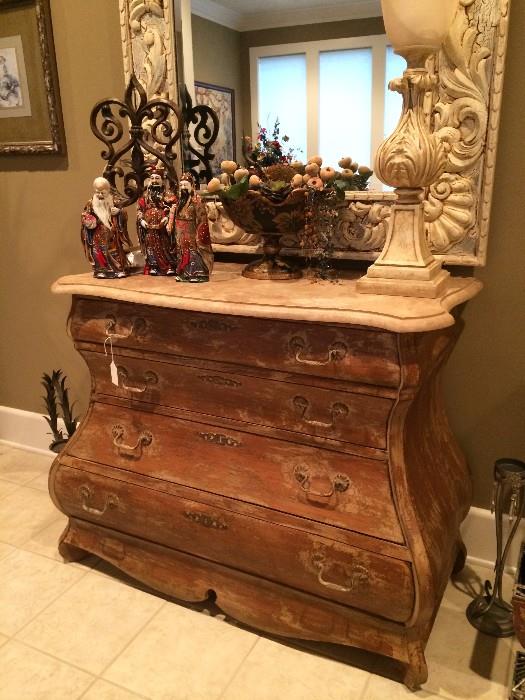 Century 4-drawer chest; Asian figurines; decorative mirror & accessories