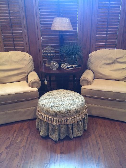Custom leopard print ottoman; tan club chairs