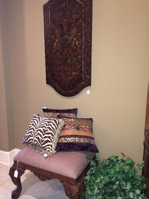 Great pillow selections; vanity bench; wall panel