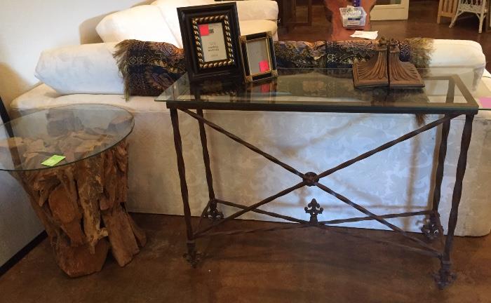 Wrought iron and glass sofa or foyer table, stump table.
