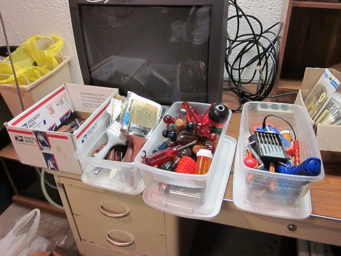 Box of scrapers, paint brushes, nut drivers, drill bits, etc.