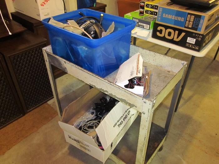 Industrial cart, speakers, TONS of extension cords (3 prong), monitors