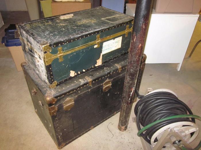 Vintage steamer trunks, hose/cart