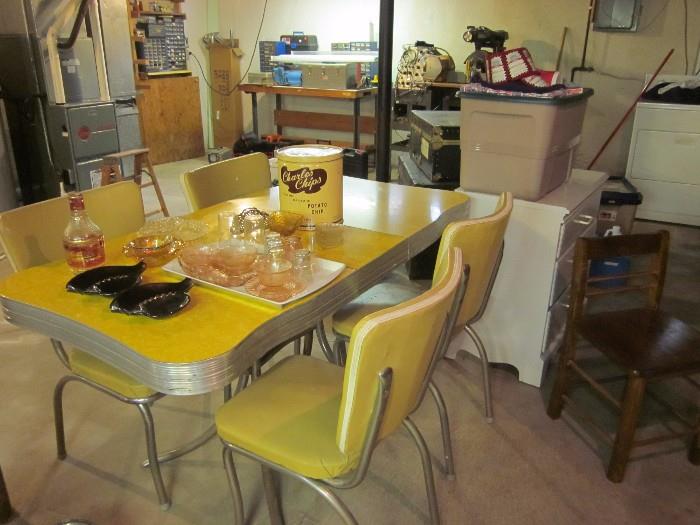 Vintage kitchen set, vintage dishware, small chair, small dresser