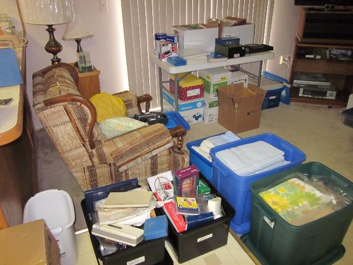 Recliner (perfect for college or cottage), lamps end tables, TONS of office supplies, paper, TV, TONS of towels, miscellaneous