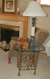 Table Lamps, Art Work and Glass Topped Iron Side Table