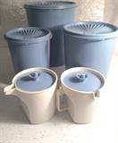 Vintage blue Tupperware canisters and sugar-creamer