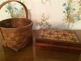 Antique basket and carved wood box