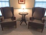 Matching vintage upholstered/wood wing chairs, lived in formal living room, never apparently sat upon