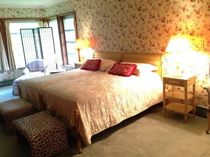 Pair of twin beds are also Widdicomb.  Stools at end of bed are dyed cow hide..Adorable!!