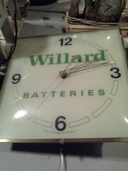 Electric 15 inch square wall clock for Willard Batteries. 