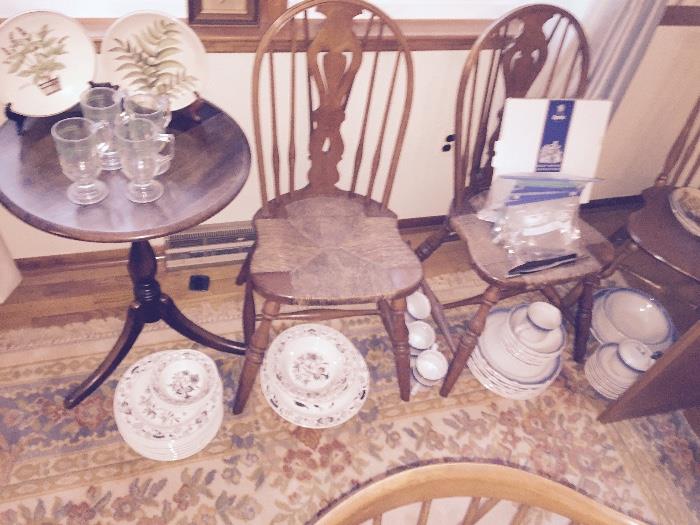 2 older chairs and 2 sets of fine everyday china