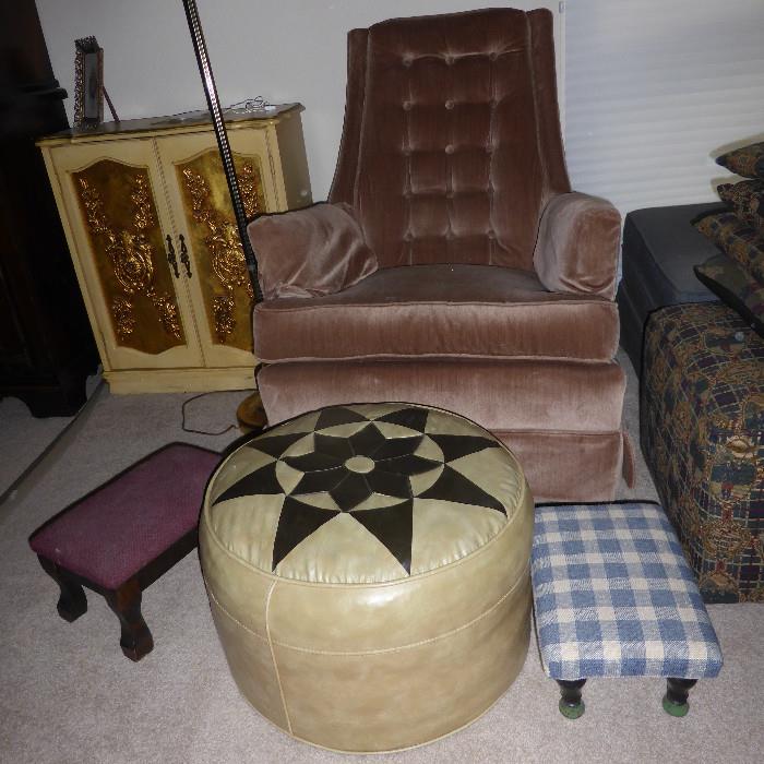 upholstered chair and stools