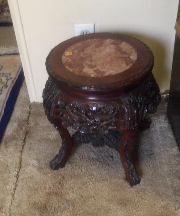 Carved Chinese pedestal with marble inlay