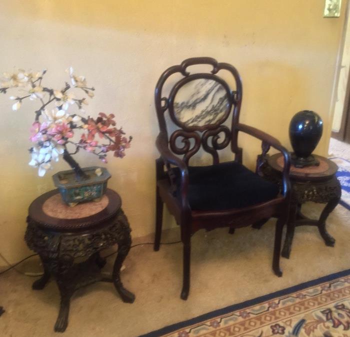 Pink marble inlay carved tables and antique chair