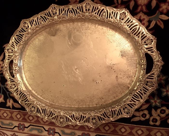 Sterling handled tray with reticulated border