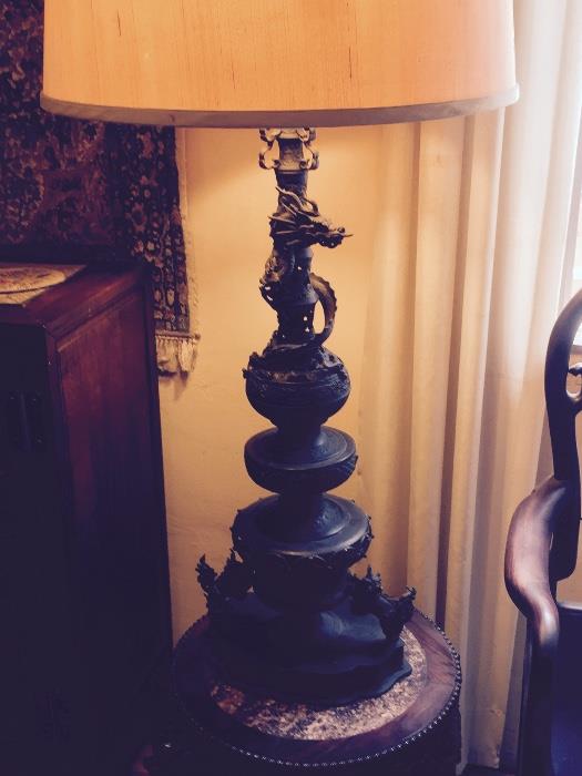 Amazing very tall metal lamp - dragon/snake motif (one of a pair)