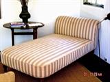 Designer Chaise-LodenGreen/Cream Striped Rogers and Goffington Fabric - there is a small rip in the fabric of the chaise $300