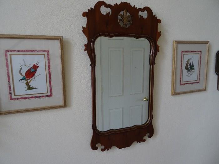 Early Federal style mirror . Many early and copies of bird prints all nicely framed.