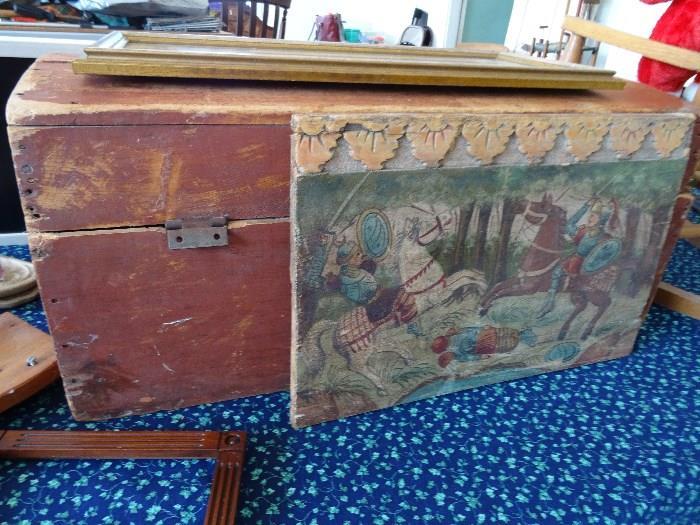 Persian oil on canvas. Early Wisconsin pine red painted chest.