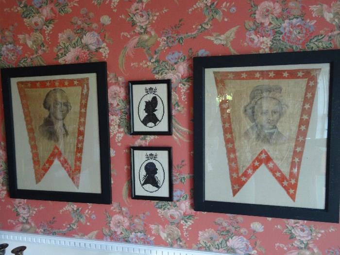 These I believe are late 18th century banner flags of George and Martha Washington. -Framed