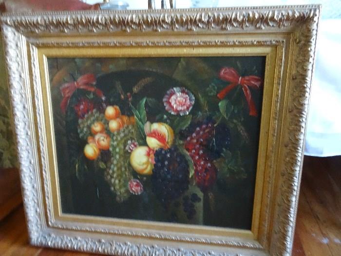 oil on canvas of fruit and floral Beautifully framed.