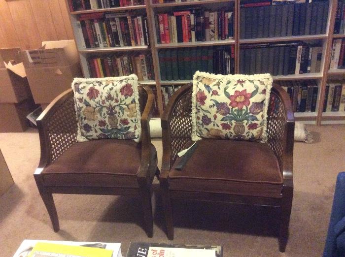 CANE BACK BARREL CHAIRS WITH BROWN VELVET CUSHIONS