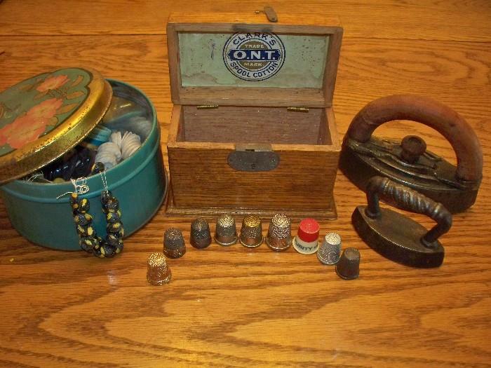 Sterling Silver Thimbles, Children's Irons, and Buttons