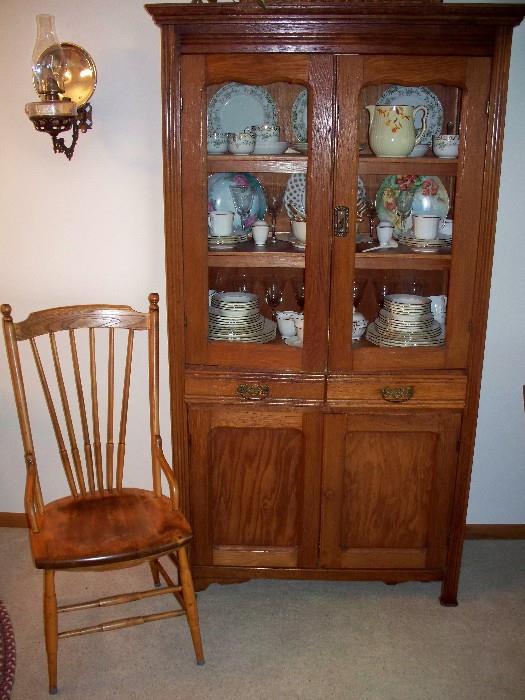 Old China Cabinet or Kitchen Cupboard and Chair, Oil Lamp with Reflectors