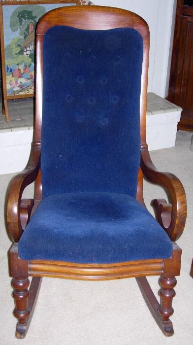 MAHOGHANY ROCKING CHAIR,circa1900,  SCROLLED ARMS, TURNED FRONT LEGS, TUFTED MOHAIR UPHOLSTERY                     