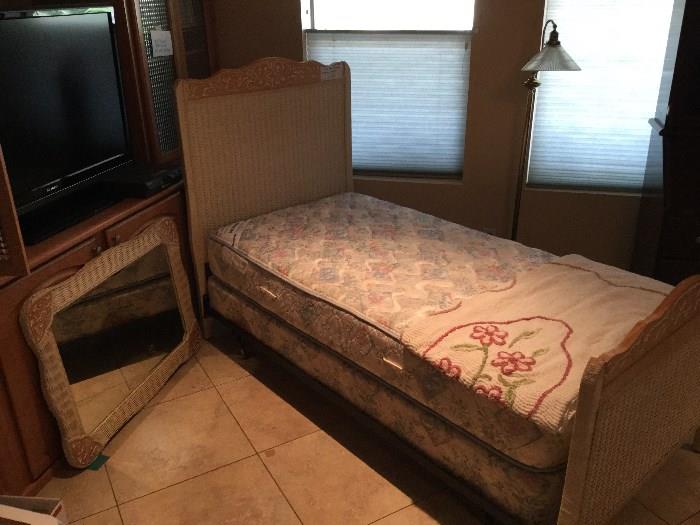 Twin Wicker Bed w/matching Mirror, Chenille Bed Spread                                   