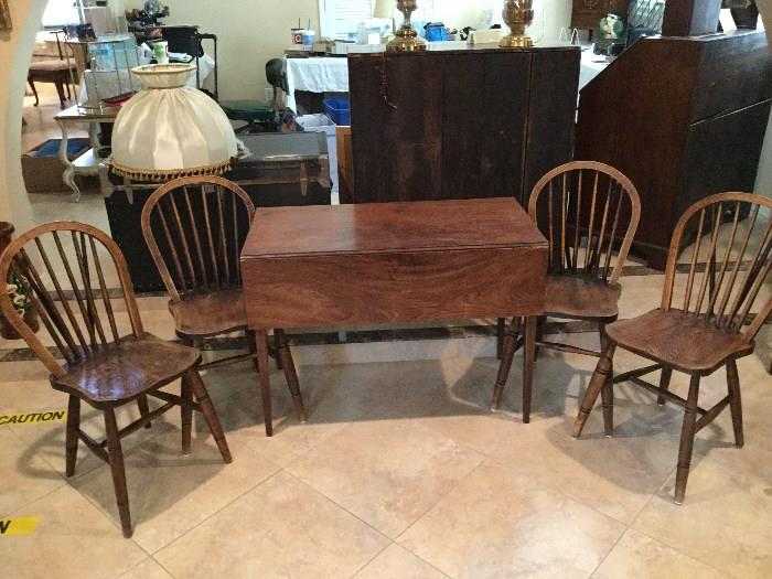 Antique Round Wheel- Back Chairs, set of 4   Mahogany Drop-Leaf Table, Circa 1830
