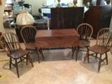 ANTIQUE DROPLEAF TABLE, 4EA ROUND WHEEL ANTIQUE CHAIRS