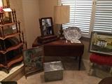 ANTIQUE DRESSER MIRROR, ANTIQUE DROP LEAF TABLE, METAL COAL BOX