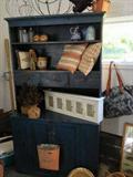 pine hutch in blue paint, cupboard, drawers