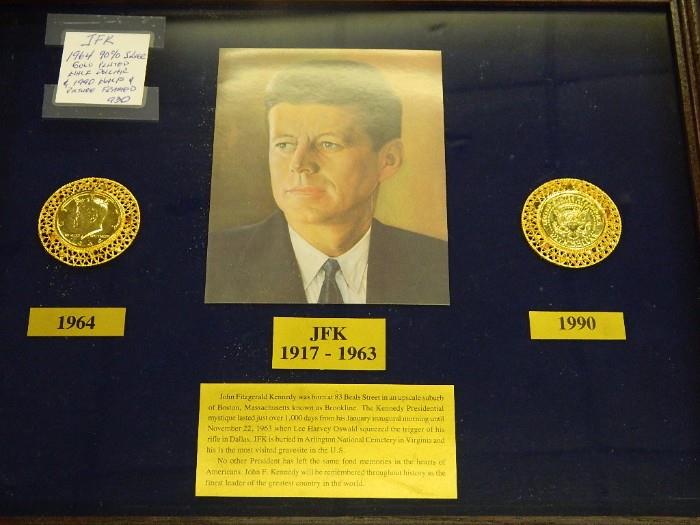 JFK Framed Picture with Silver and Gold Coins 